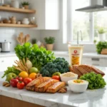 A vibrant display of healthy foods for weight loss, including leafy greens, lean proteins, whole grains, and healthy snacks