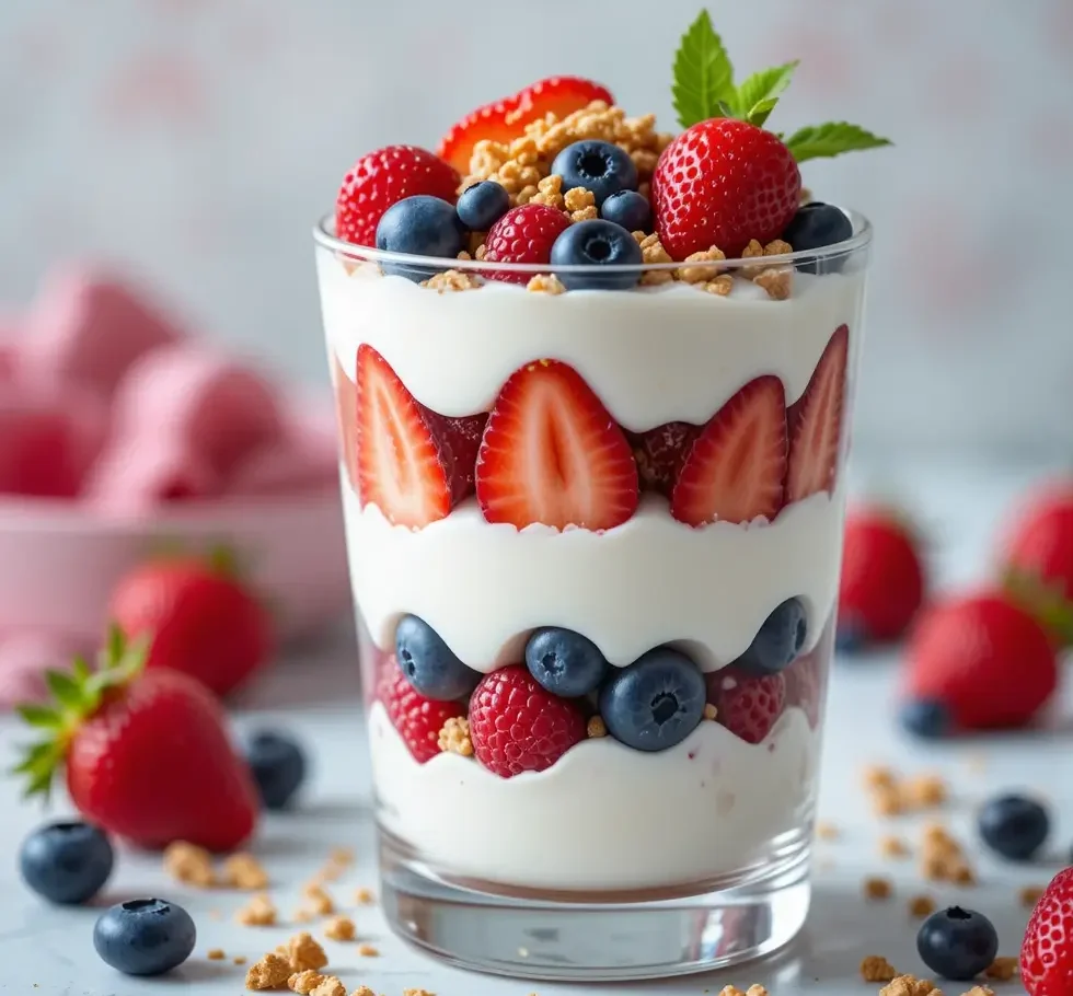 A delicious Greek yogurt parfait with layers of fresh berries and crunchy granola in a clear glass.