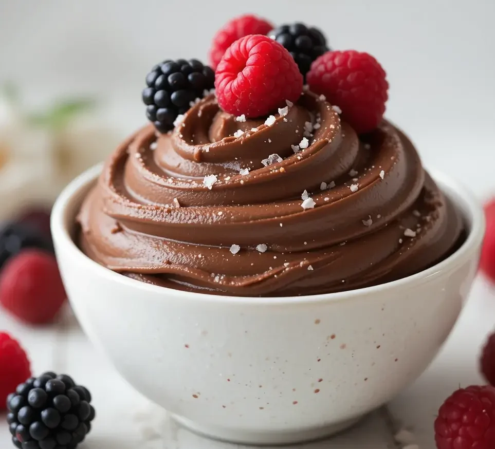 A rich and creamy avocado chocolate mousse served in a bowl, topped with a sprinkle of sea salt and fresh berries