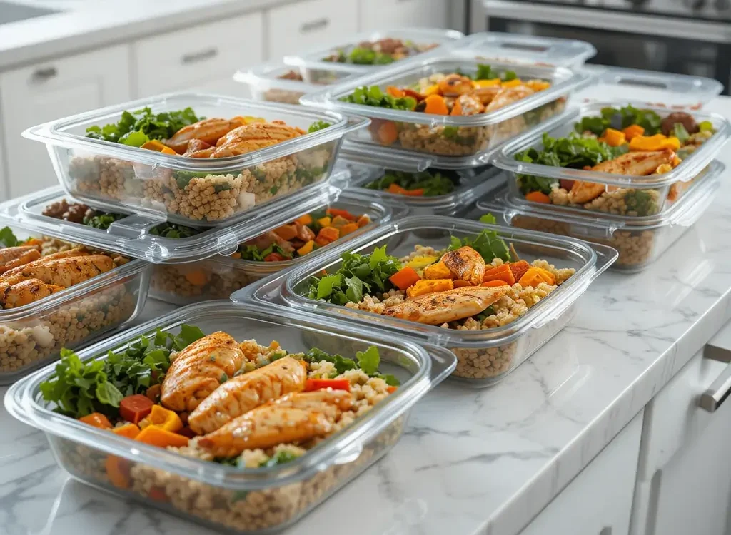 A collection of healthy meal prep containers filled with balanced meals such as grilled chicken, vegetables, and quinoa, neatly arranged on a kitchen counter