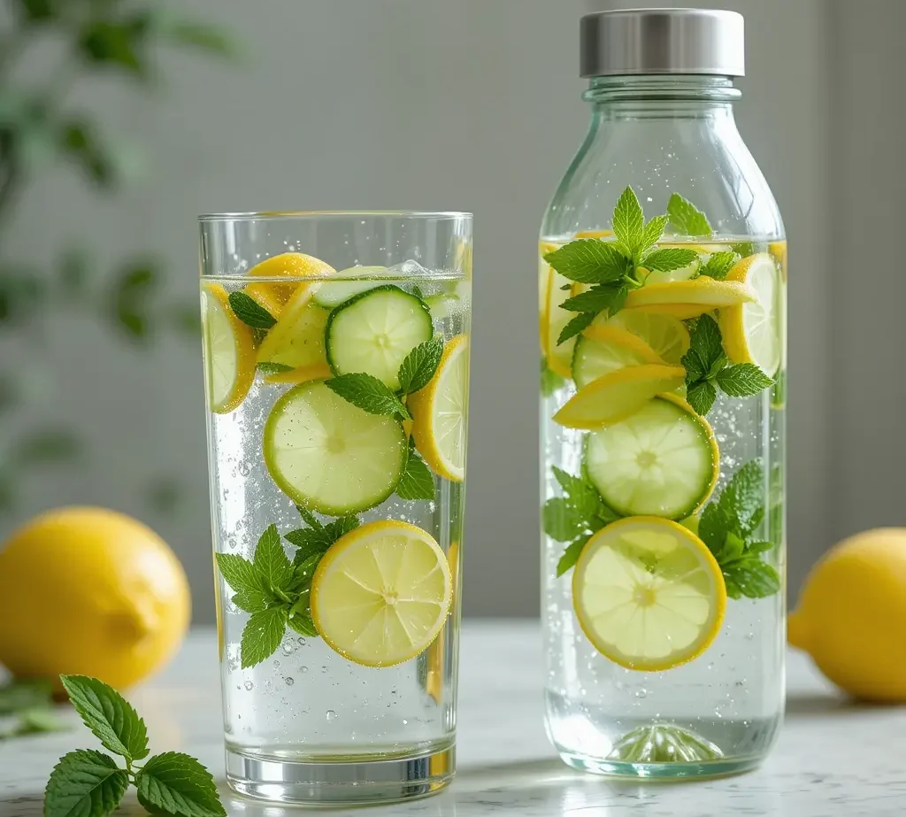 A clear glass of water infused with fresh lemon, cucumber, and mint, placed next to a water bottle filled with the same infusion.