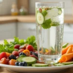 "A refreshing glass of water placed next to a healthy plate of fruits and vegetables, symbolizing the importance of hydration and balanced eating.for healthy eating