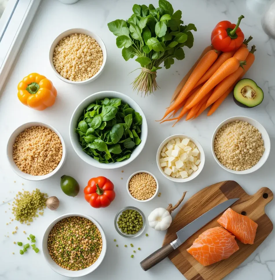 A top-down view of a kitchen counter with fresh vegetables, whole grains, and lean proteins being prepared for a healthy meal