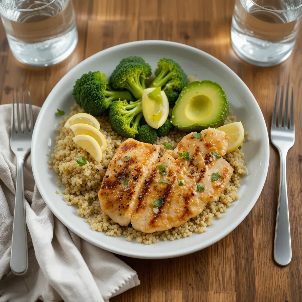 A balanced plate featuring grilled chicken, quinoa, steamed broccoli, and sliced avocado, served on a white plate with a fork and napkin beside it