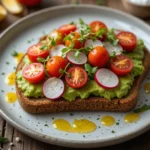 A plate of avocado toast topped with cherry tomatoes, radish slices, and microgreens, served on whole-grain bread with a side of lemon wedges best healthy foods