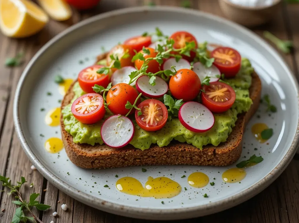 A plate of avocado toast topped with cherry tomatoes, radish slices, and microgreens, served on whole-grain bread with a side of lemon wedges best healthy foods