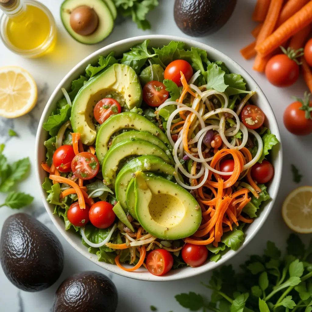 "A colorful salad bowl featuring avocado slices, mixed greens, cucumber ribbons, cherry tomatoes, and shredded carrots, drizzled with a light vinaigrette