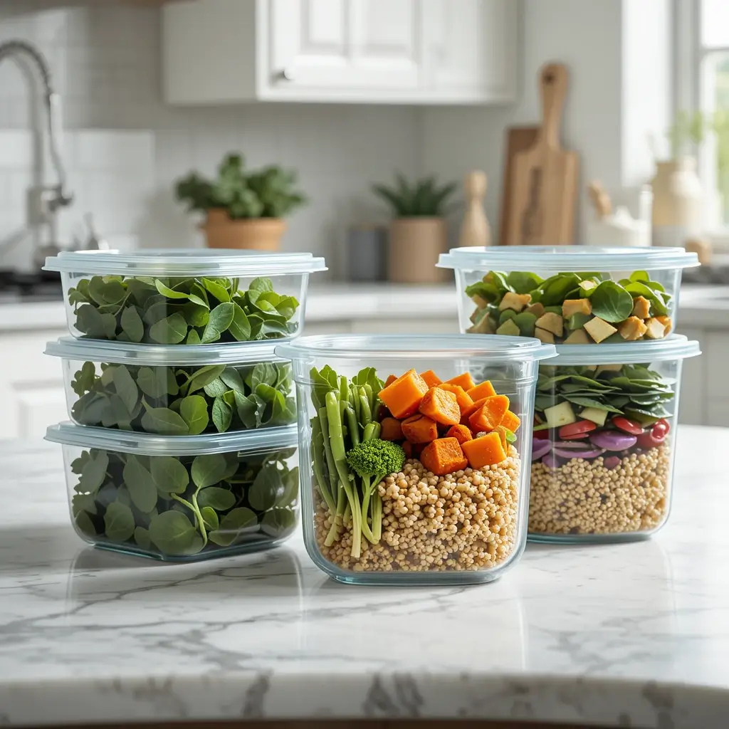 A collection of meal prep containers filled with lean proteins like chicken breast, quinoa, and leafy greens, showcasing balanced meals for weight loss.